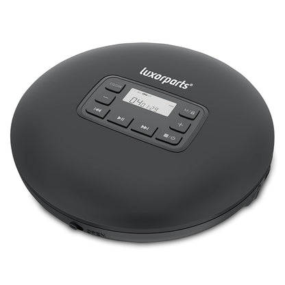 Sort Luxorparts bærbar CD-afspiller med LCD-display, visning 040 1:29, afspilningsknapper og anti-skip-beskyttelse.