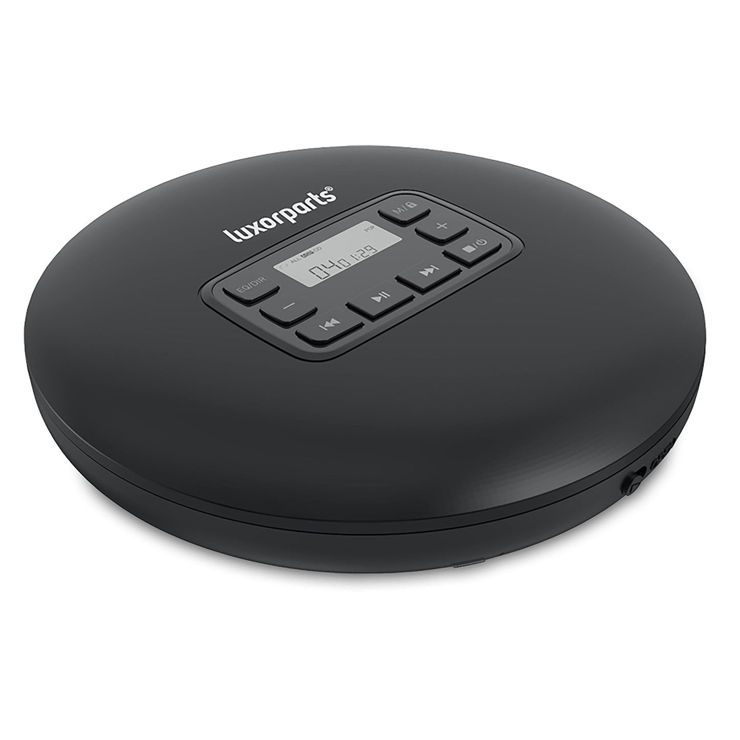 Luxorparts bærbar sort CD-afspiller med kontrolknapper, topplaceret digitalt display og anti-skip-beskyttelse.