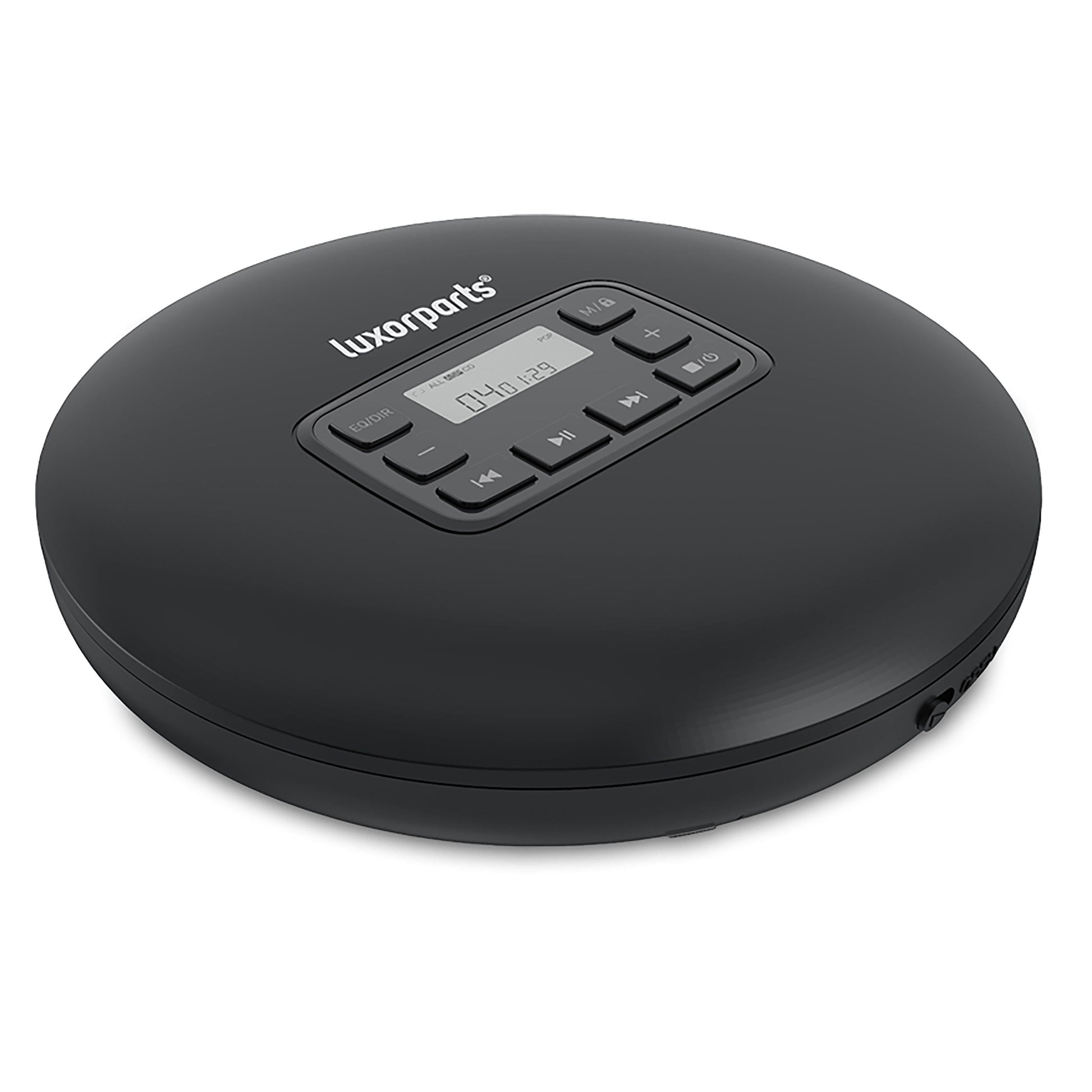Luxorparts bærbar sort CD-afspiller med kontrolknapper, topplaceret digitalt display og anti-skip-beskyttelse.