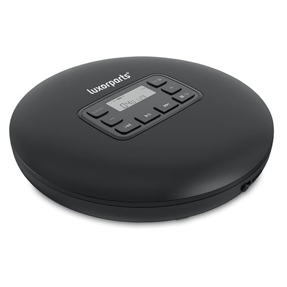 Luxorparts bærbar sort CD-afspiller med kontrolknapper, topplaceret digitalt display og anti-skip-beskyttelse.