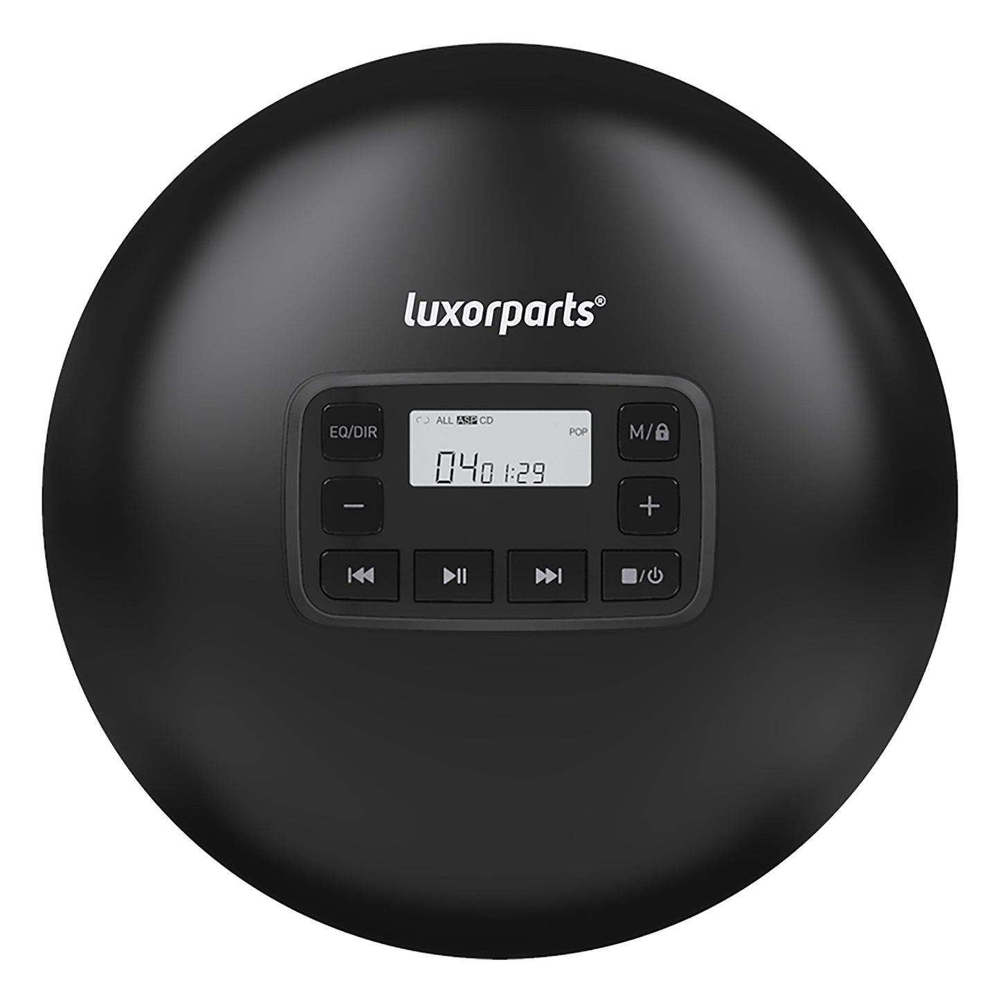 Luxorparts bærbar CD-afspiller sort med anti-skip, digitalt display 04/11:29, afspil/menu-knapper, Luxorparts logo.
