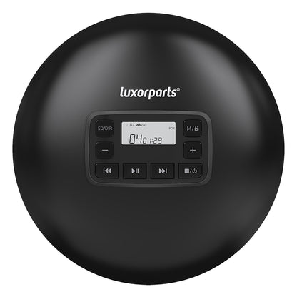 Luxorparts bærbar CD-afspiller sort med anti-skip, digitalt display 04/11:29, afspil/menu-knapper, Luxorparts logo.