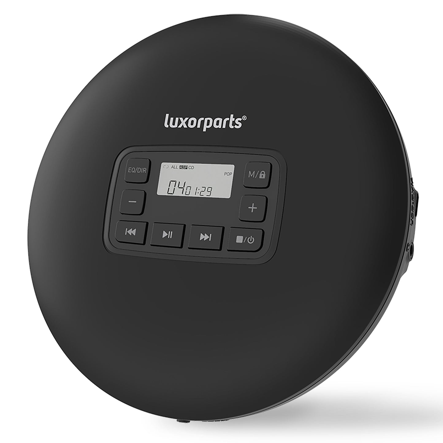 Bærbar CD-afspiller sort med digitalt display, frontbetjening til play/pause/skip/mode/EQ og anti-skip-beskyttelse.