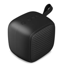 Linocell trådløs højttaler sort, bærbar Bluetooth, afrundede kanter, brandknapper, frontgitter og stofhank.