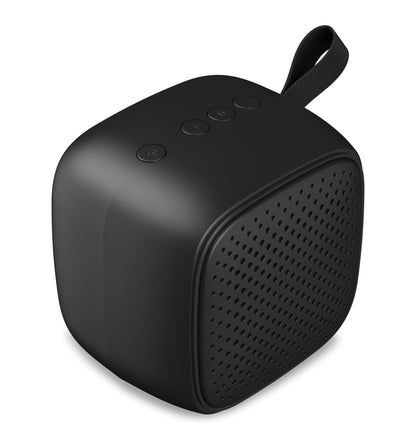 Linocell trådløs højttaler sort, bærbar Bluetooth, afrundede kanter, brandknapper, frontgitter og stofhank.