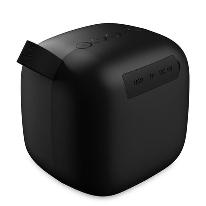 Linocell Trådløs højttaler sort, kubeformet med stofrem, fire kontrolknapper på toppen og USB, TF, DC 5V porte bagpå.