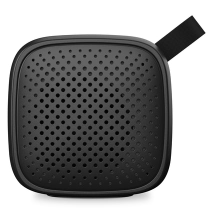 Linocell trådløs Bluetooth-højttaler, sort, kompakt kvadratisk design, afrundede kanter, perforeret front, stofstrop.