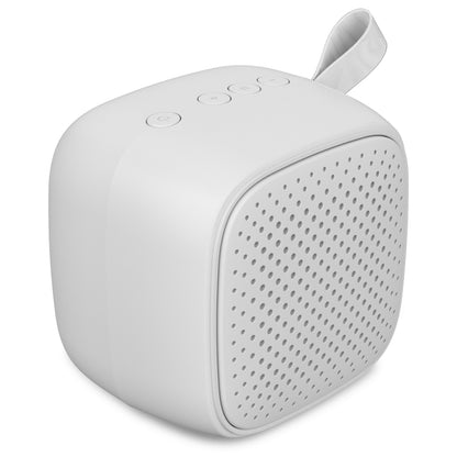 Linocell trådløs højttaler grå med tre knapper, perforeret front, stofløkke og Bluetooth.