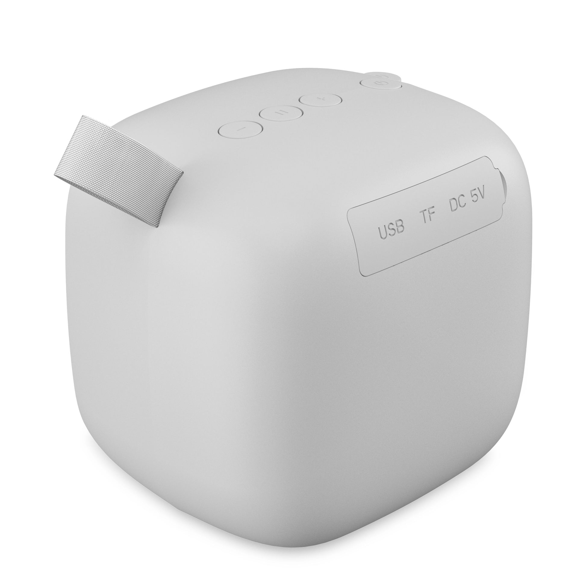 Linocell trådløs højttaler grå, hvid kubeform, grå stofstrop, tre topknapper, USB-, TF- og DC 5V-porte.