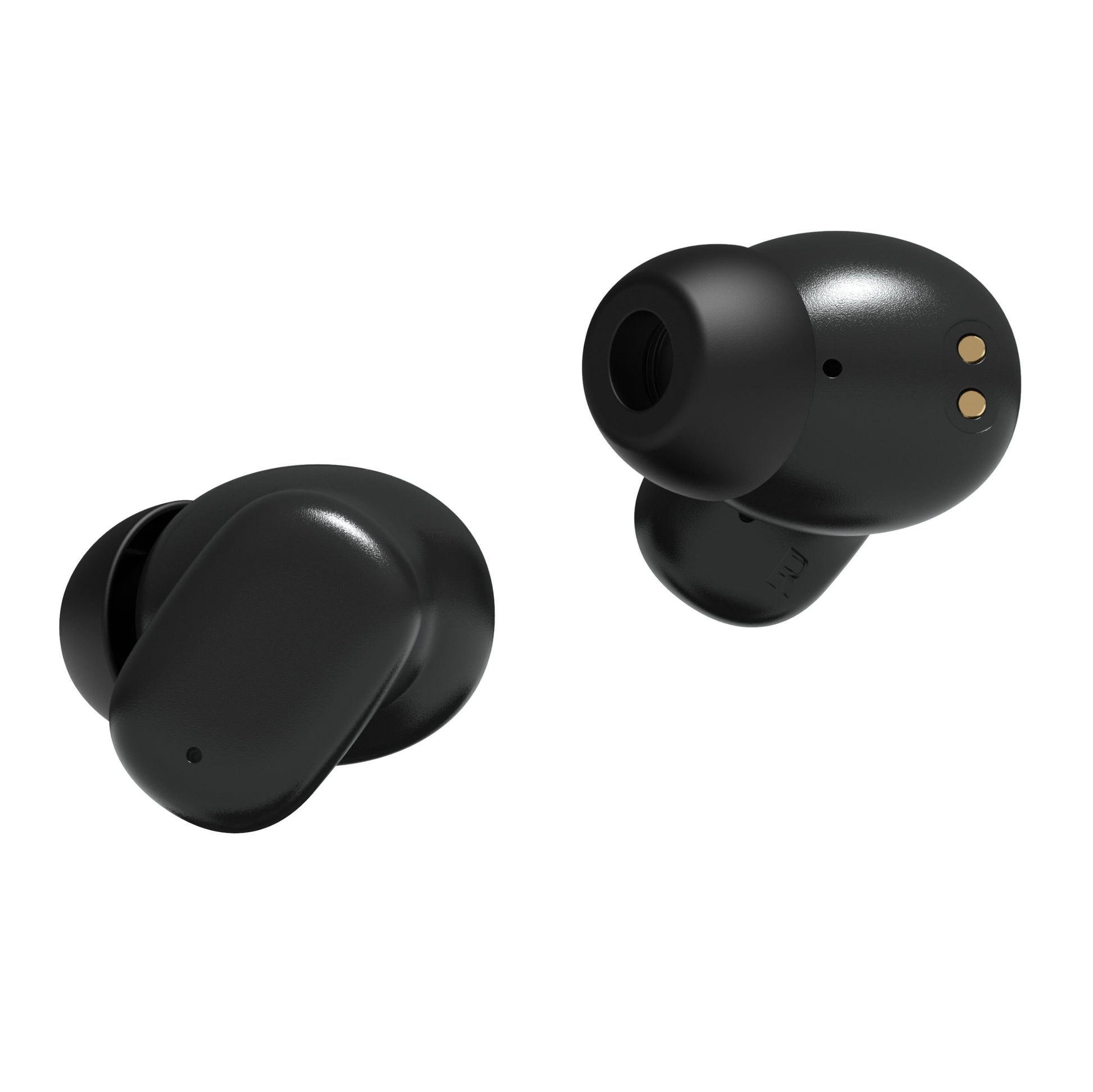 Nomadelic Solo 300 True Wireless øretelefoner sort med synlige opladningskontakter og aktiv støjreduktion.
