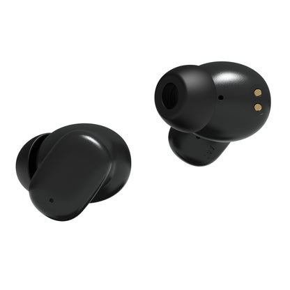 Nomadelic Solo 300 True Wireless øretelefoner sort med synlige opladningskontakter og aktiv støjreduktion.