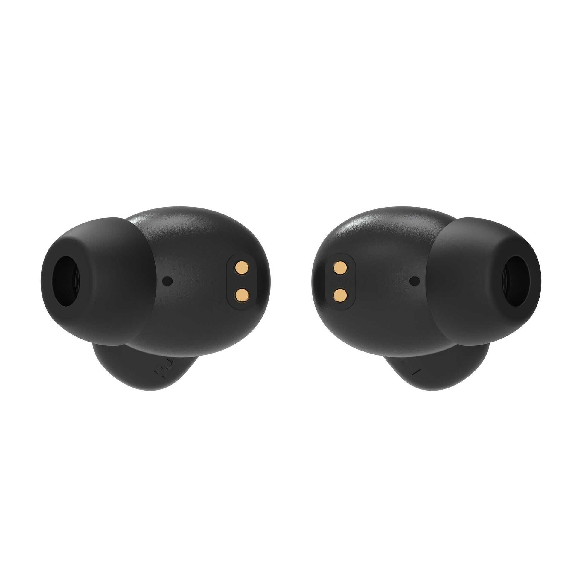 Nomadelic Solo 300 True Wireless øretelefoner sort, silikone ørepropper, 2 guldfarvede ladepunkter pr. øreprop.