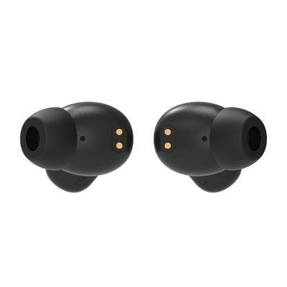 Nomadelic Solo 300 True Wireless øretelefoner sort, silikone ørepropper, 2 guldfarvede ladepunkter pr. øreprop.