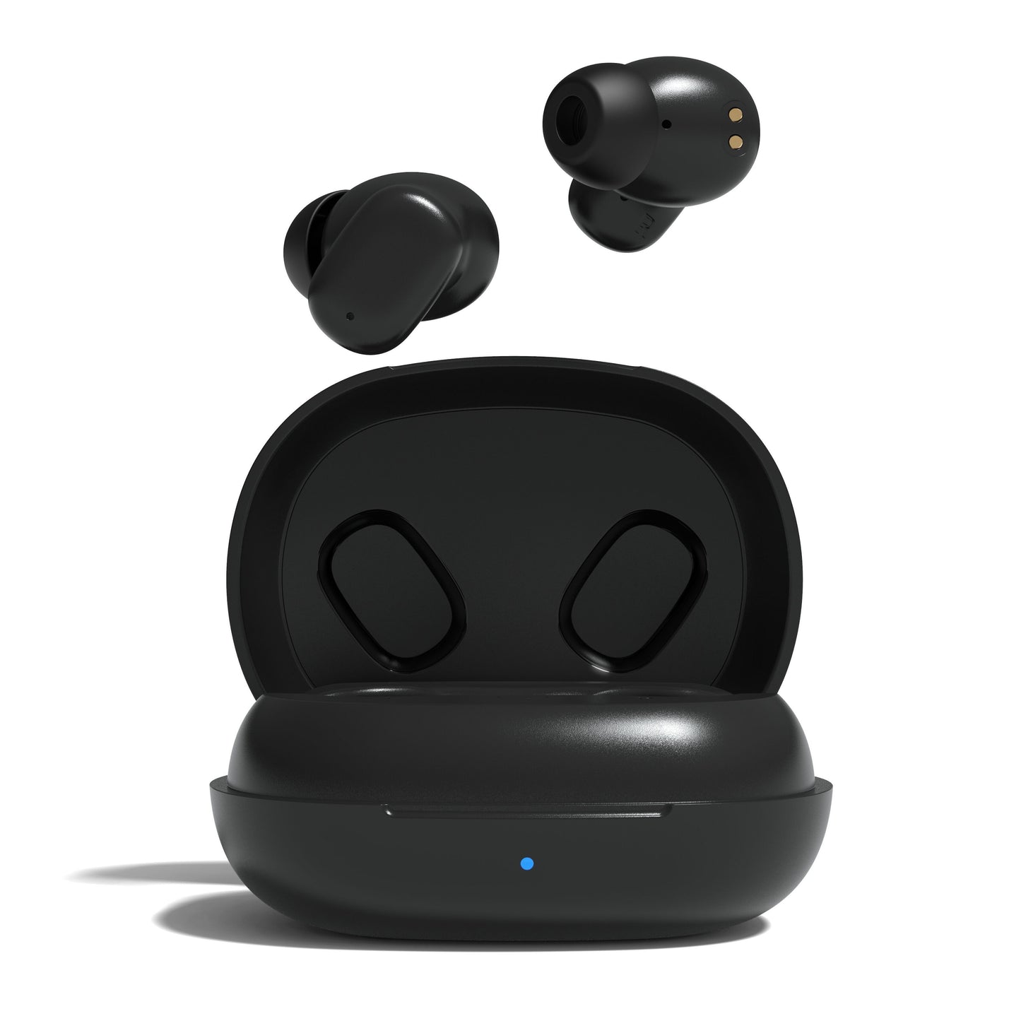 Nomadelic Solo 300 støjreducerende true wireless øretelefoner sort med åben opladeetui og blå LED-indikator på fronten.
