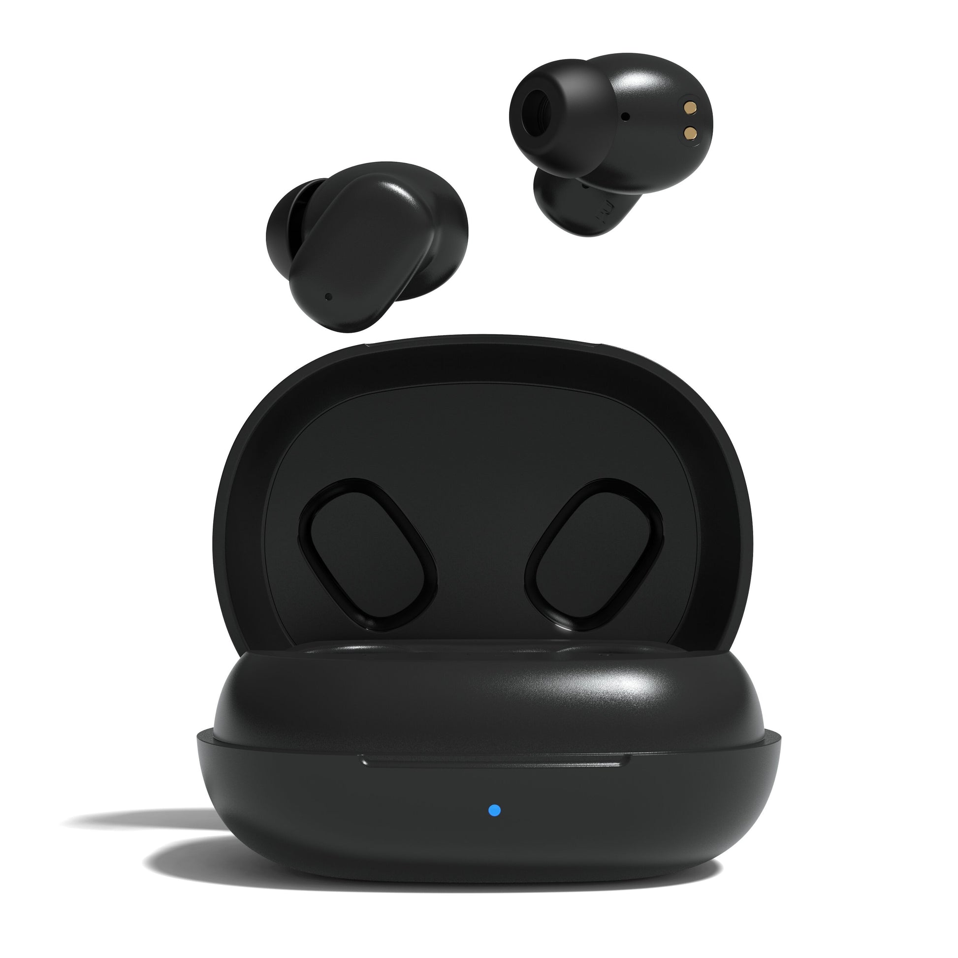 Nomadelic Solo 300 støjreducerende true wireless øretelefoner sort med åben opladeetui og blå LED-indikator på fronten.