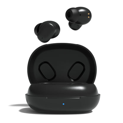 Nomadelic Solo 300 støjreducerende true wireless øretelefoner sort med åben opladeetui og blå LED-indikator på fronten.
