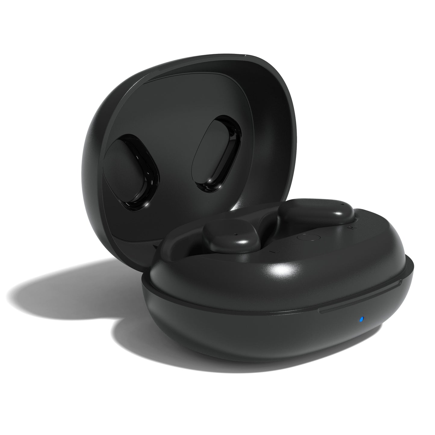 Nomadelic Solo 300 True Wireless støjreducerende øretelefoner sort i etui med blå indikatorlys.