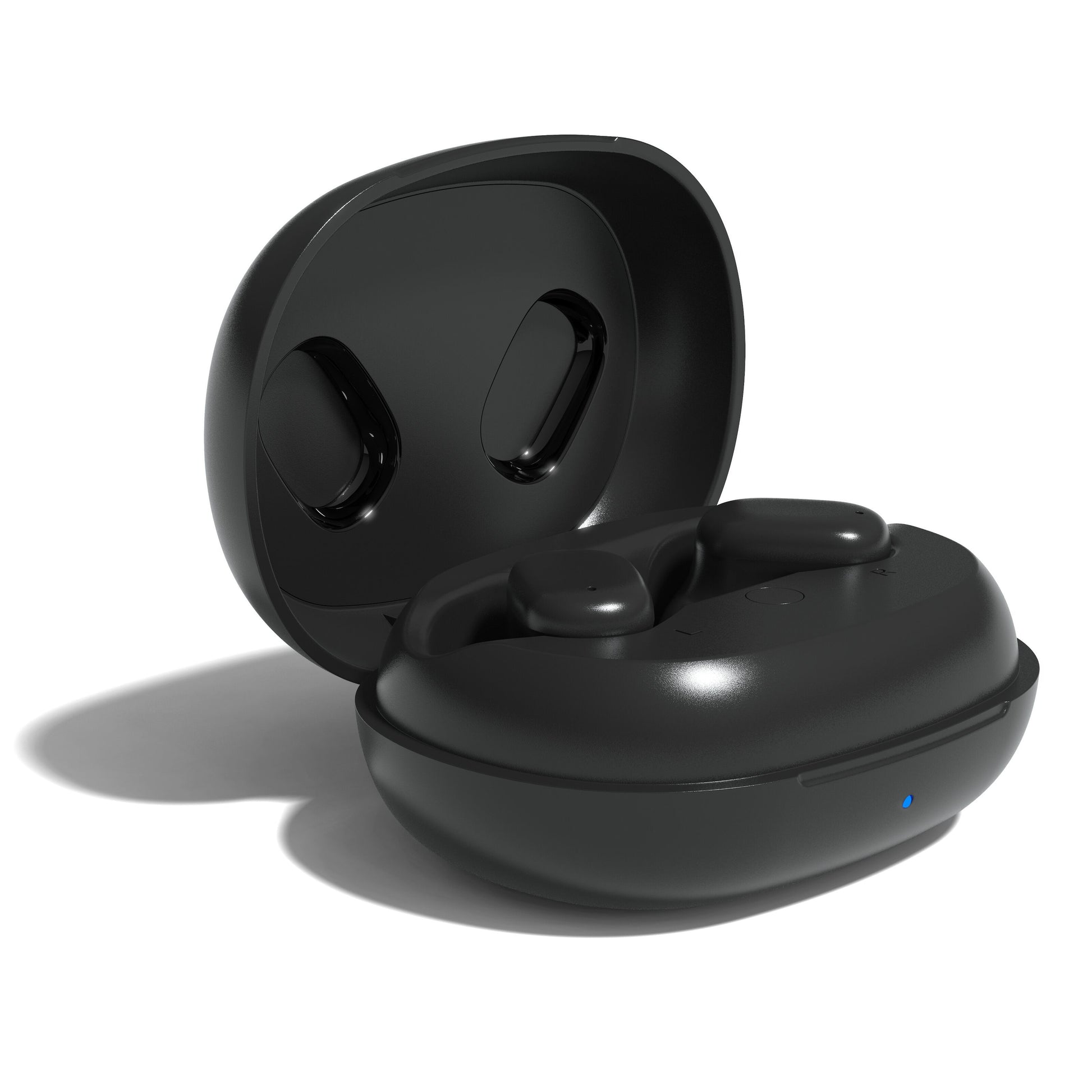 Nomadelic Solo 300 True Wireless støjreducerende øretelefoner sort i etui med blå indikatorlys.
