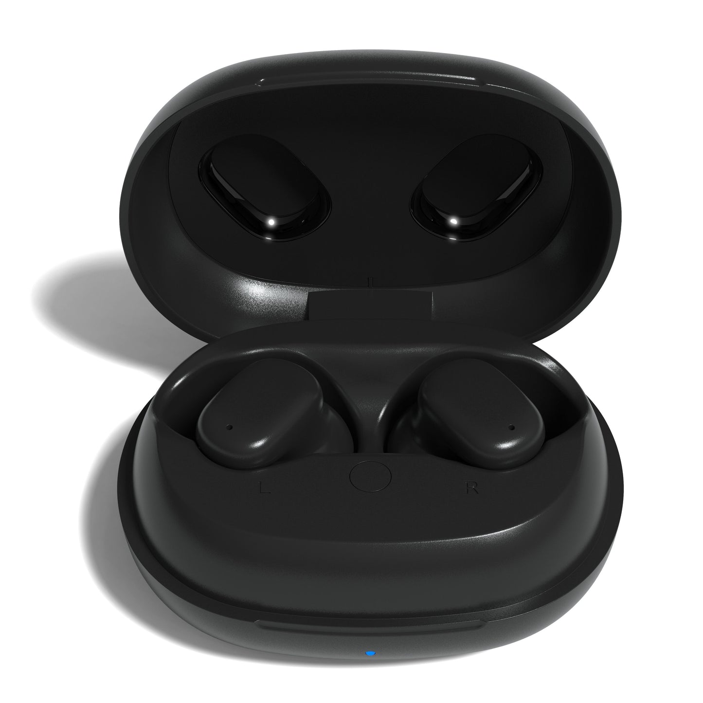 Nomadelic Solo 300 støjreducerende true wireless øretelefoner sort med åbent ladeetui, øretelefonerne synlige.