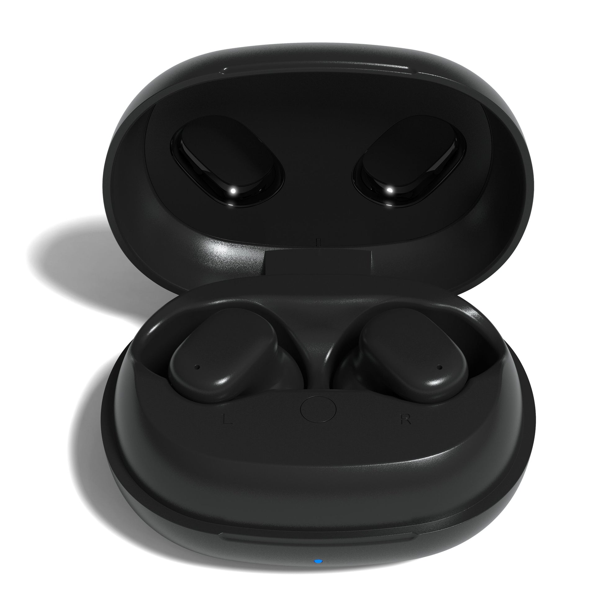 Nomadelic Solo 300 støjreducerende true wireless øretelefoner sort med åbent ladeetui, øretelefonerne synlige.