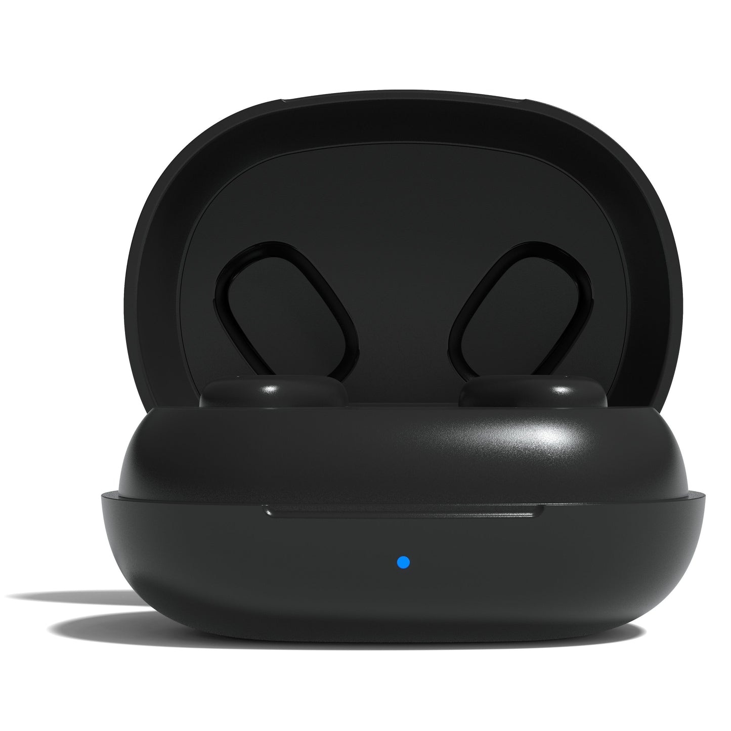 Nomadelic Solo 300 støjreducerende true wireless øretelefoner sort med opladeetui, to pladser, blåt LED-lys front.