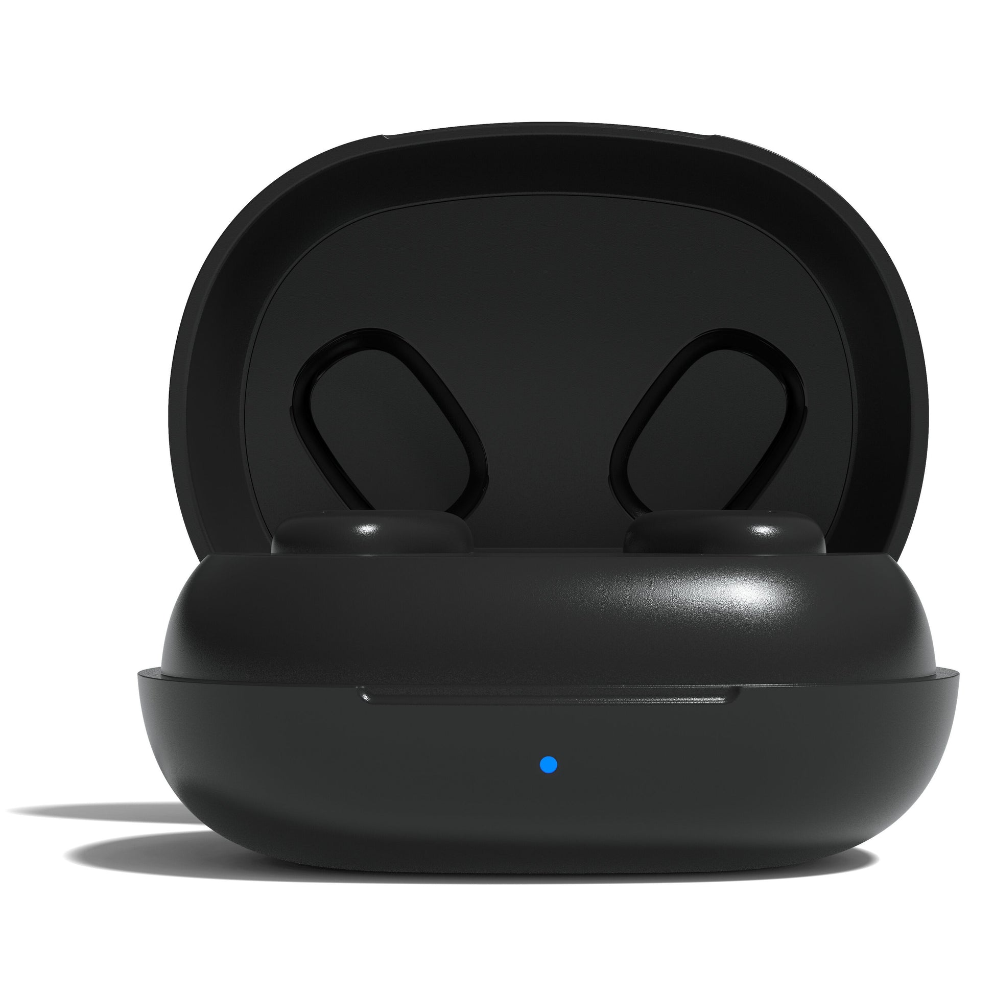 Nomadelic Solo 300 støjreducerende true wireless øretelefoner sort med opladeetui, to pladser, blåt LED-lys front.