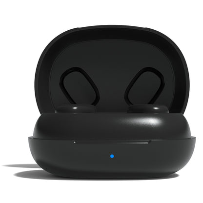 Nomadelic Solo 300 støjreducerende true wireless øretelefoner sort med opladeetui, to pladser, blåt LED-lys front.