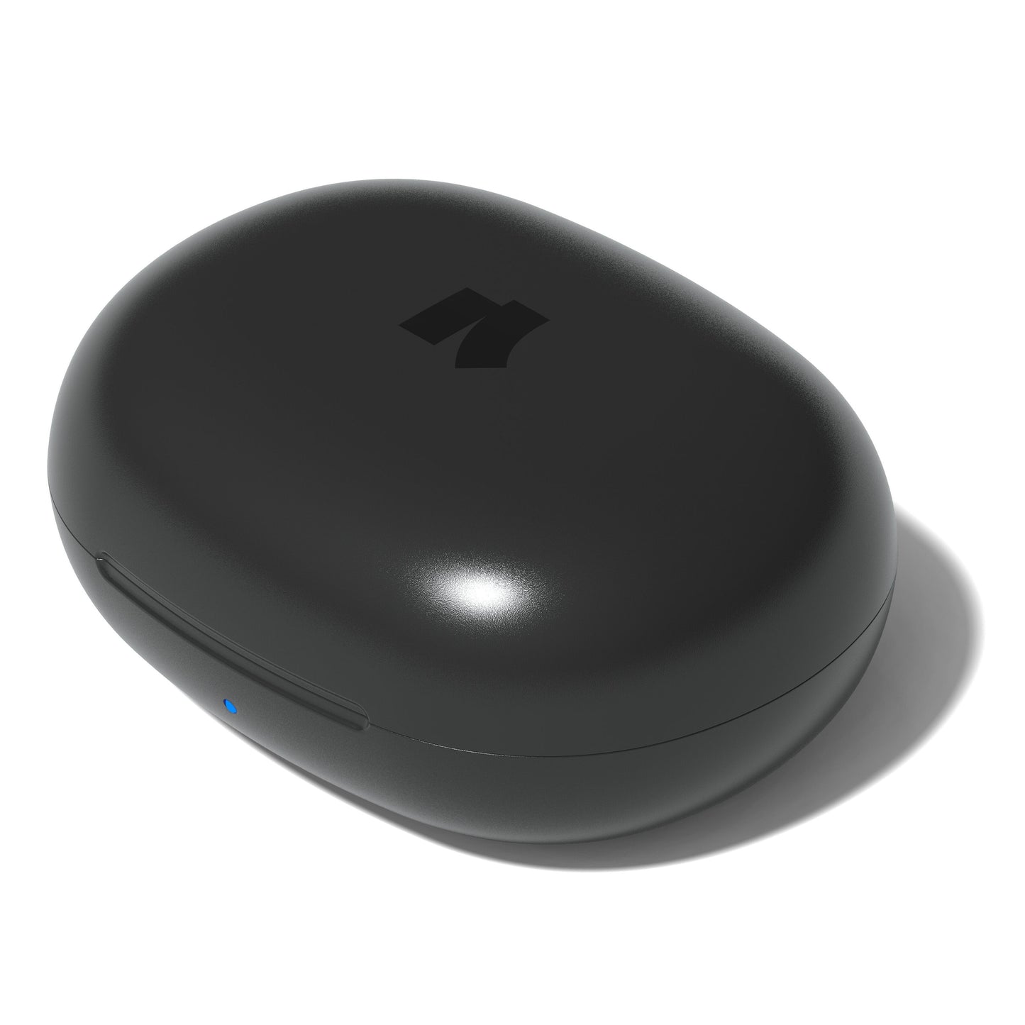 Nomadelic Solo 300 støjreducerende true wireless øretelefoner sort med mat sort oval ladeetui, LED-indikator og logo på toppen.