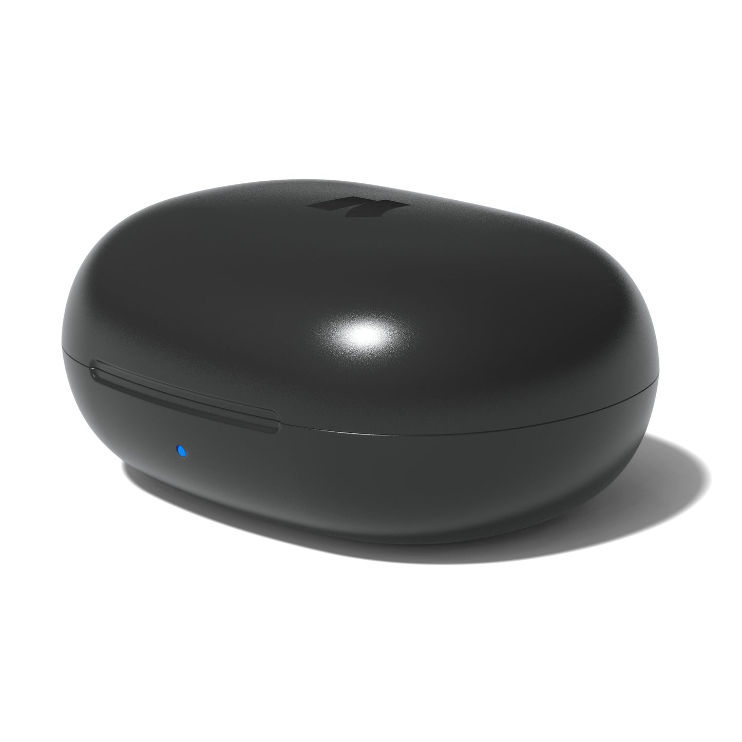 Nomadelic Solo 300 støjreducerende true wireless øretelefoner sort med oval sort etui, blå frontindikator og diskret logo.