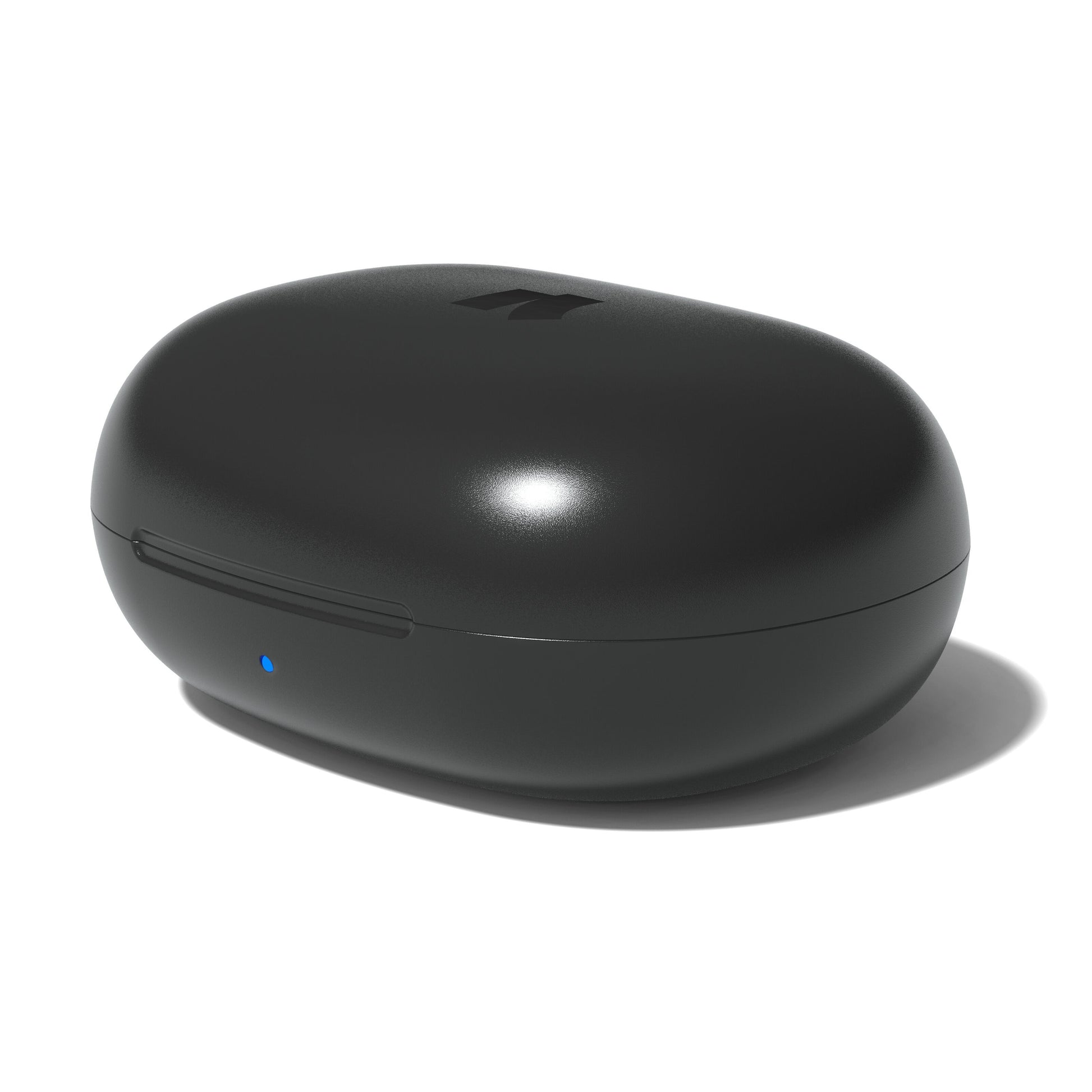 Nomadelic Solo 300 støjreducerende true wireless øretelefoner sort med oval sort etui, blå frontindikator og diskret logo.