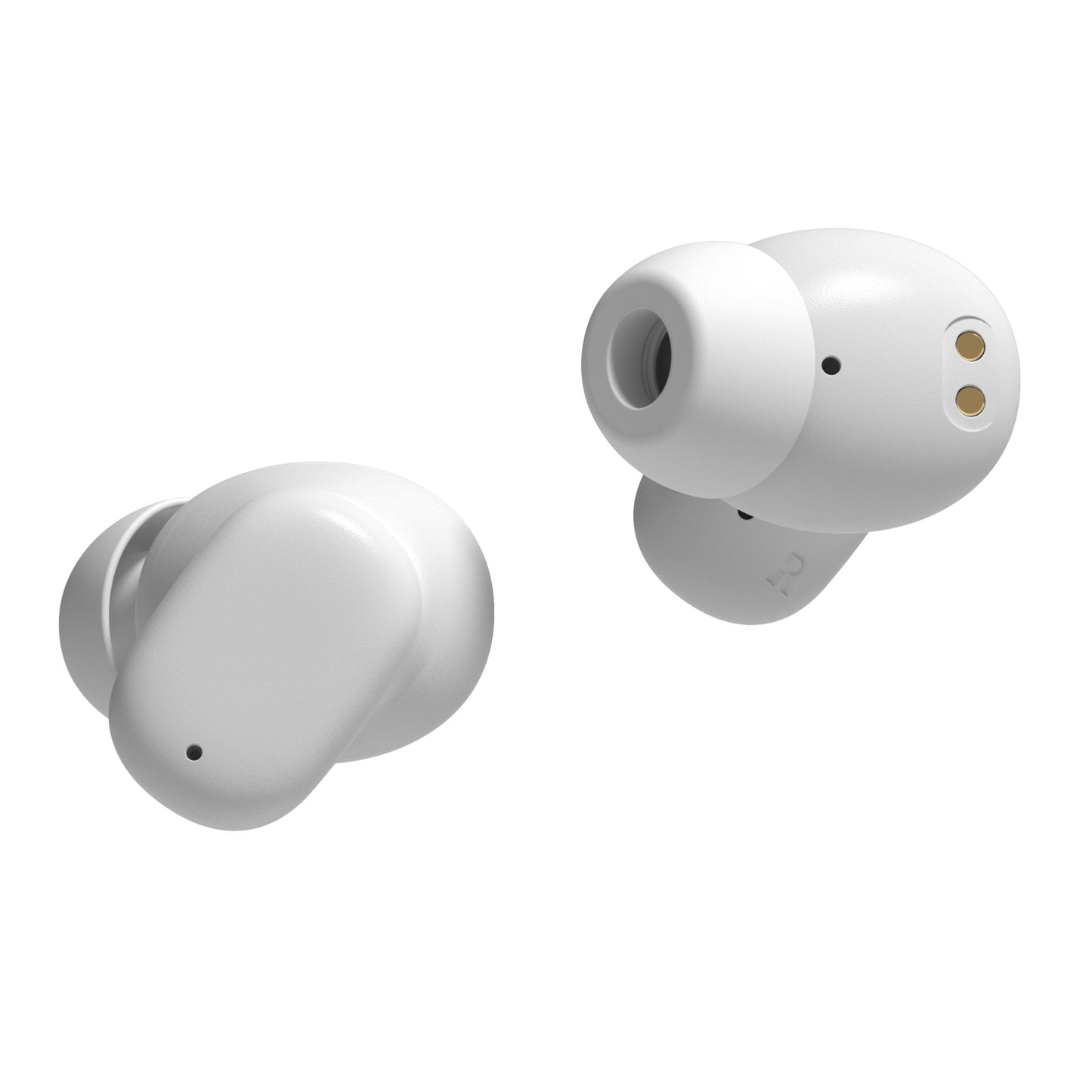 Nomadelic Solo 300 støjreducerende true wireless øretelefoner hvid med guld ladekontakter.