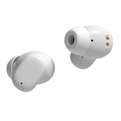 Nomadelic Solo 300 støjreducerende true wireless øretelefoner hvid med guld ladekontakter.