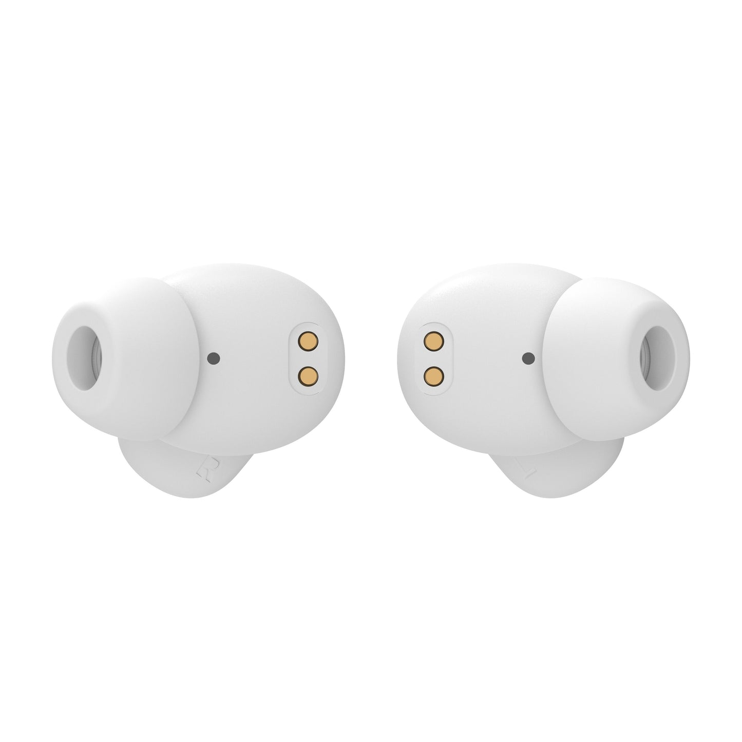 Nomadelic Solo 300 True Wireless støjreducerende øretelefoner hvid, silikoneøretips, guldfarvede lade-kontakter, L/R-mærker.