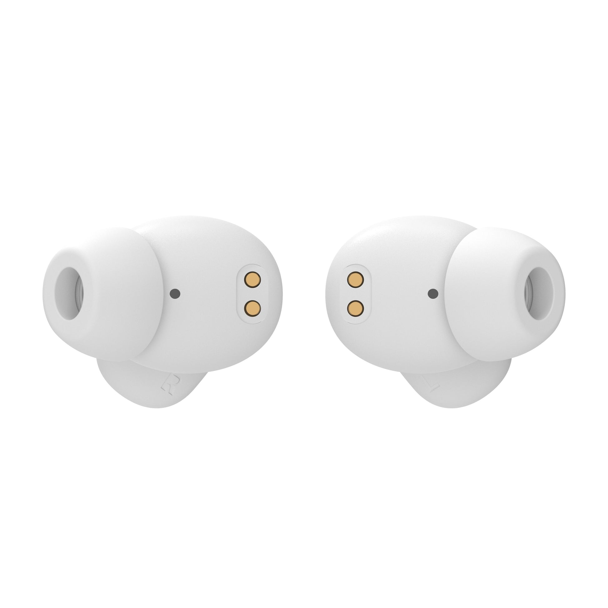 Nomadelic Solo 300 True Wireless støjreducerende øretelefoner hvid, silikoneøretips, guldfarvede lade-kontakter, L/R-mærker.