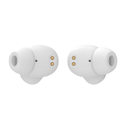 Nomadelic Solo 300 True Wireless støjreducerende øretelefoner hvid, silikoneøretips, guldfarvede lade-kontakter, L/R-mærker.