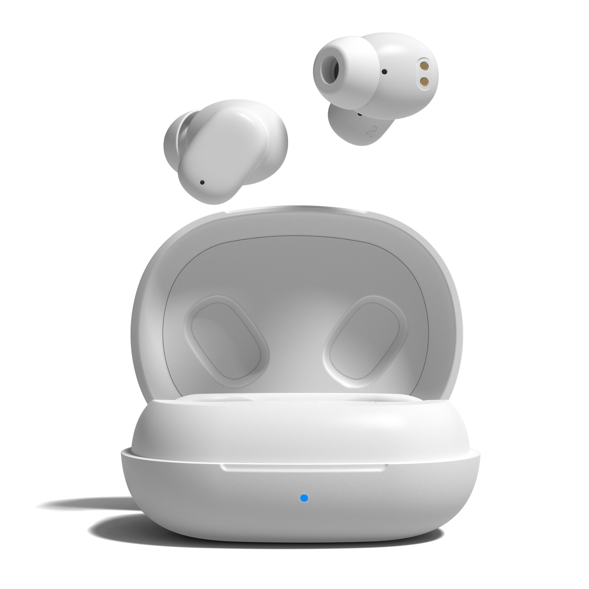 Nomadelic Solo 300 Støjreducerende True Wireless øretelefoner hvid, én i åbent etui, én svæver ovenover.