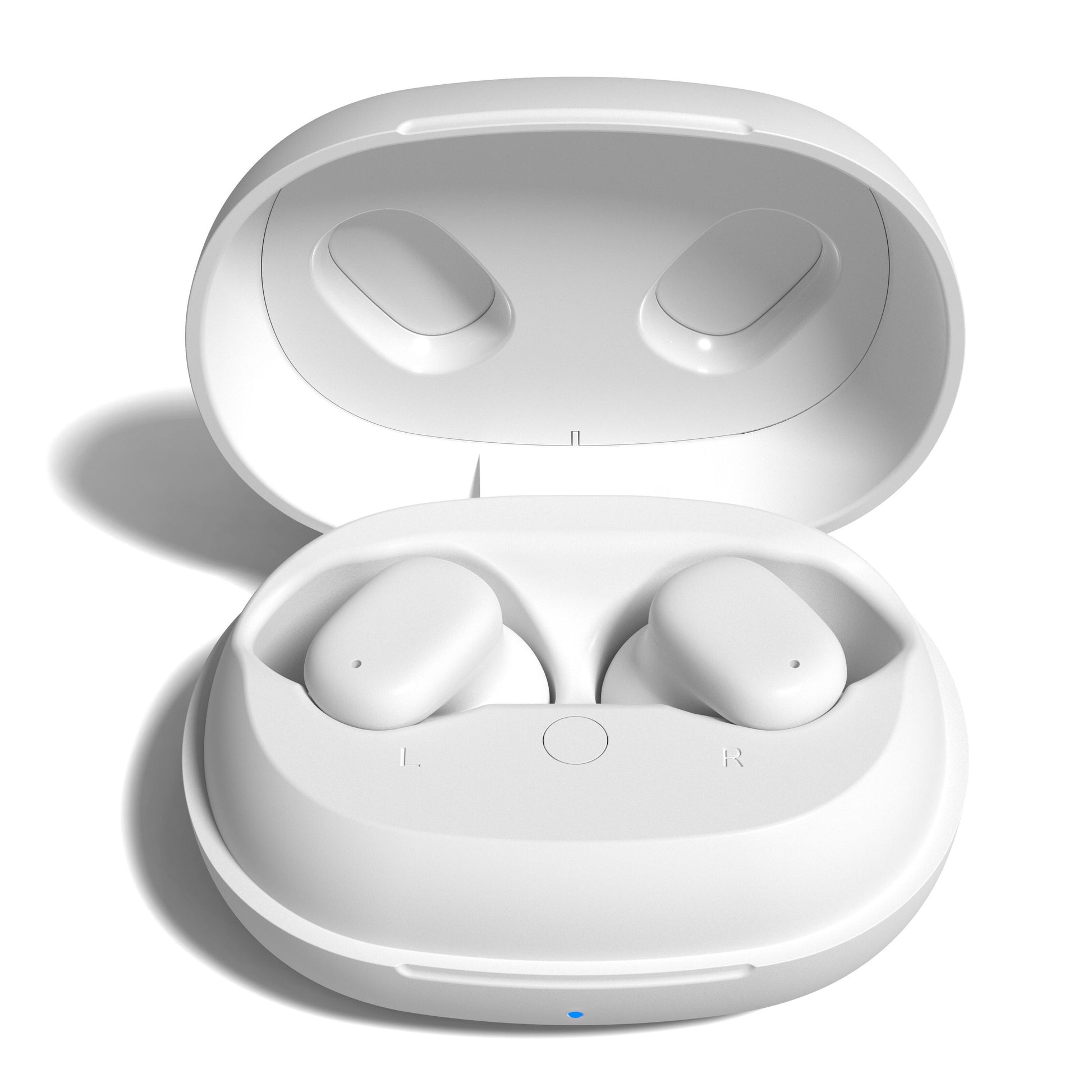 Nomadelic Solo 300 støjreducerende true wireless øretelefoner hvid i åben ladeetui med front indikatorlys.