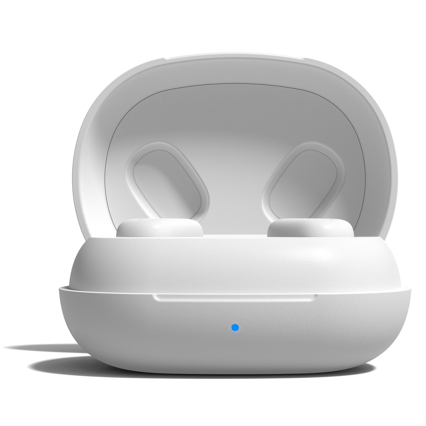 Nomadelic Solo 300 true wireless støjreducerende øretelefoner hvid med åbent etui og synlig blå LED-indikator.