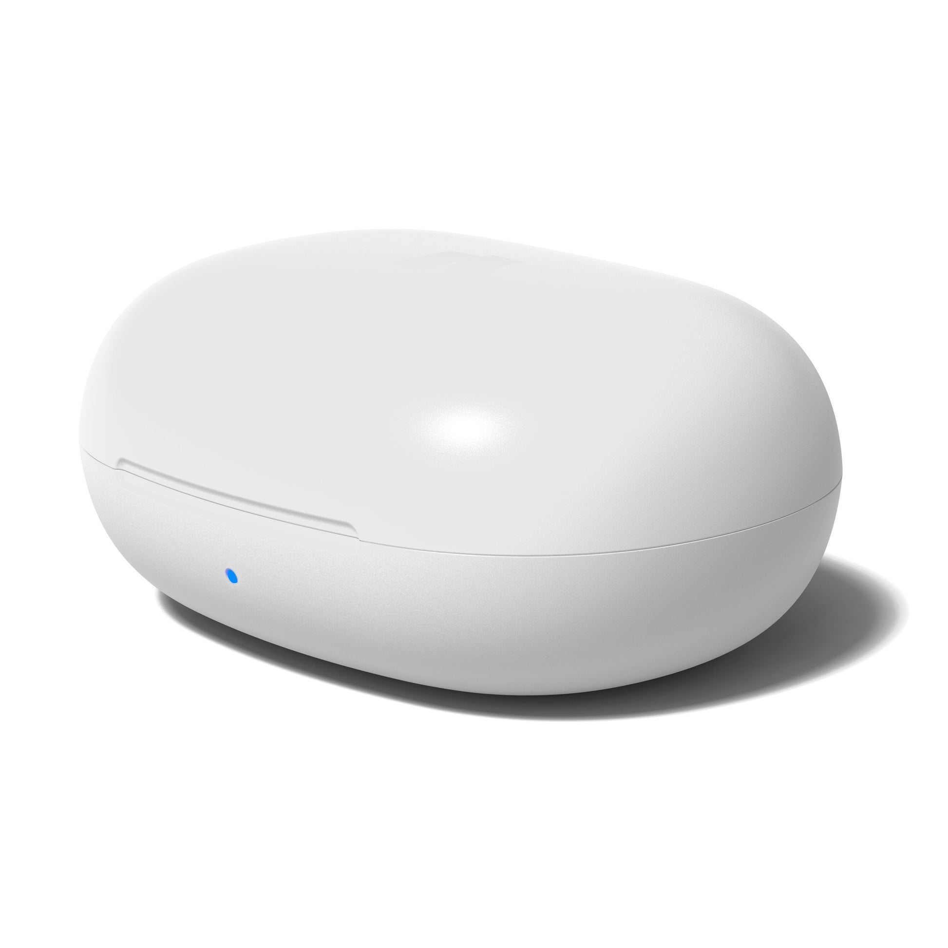 Nomadelic Solo 300 støjreducerende true wireless øretelefoner hvid med oval hvid ladeetui og blå frontindikator.