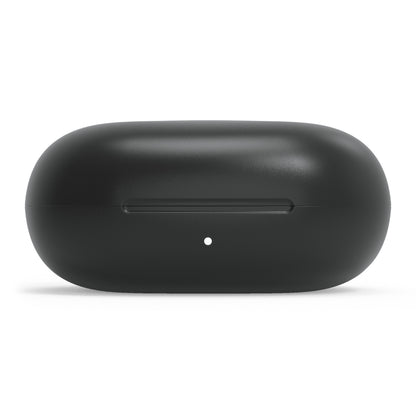 Linocell True trådløse øretelefoner sort IPX4 med sort oval opladeetui, LED indikator foran og horisontal lågsamling.