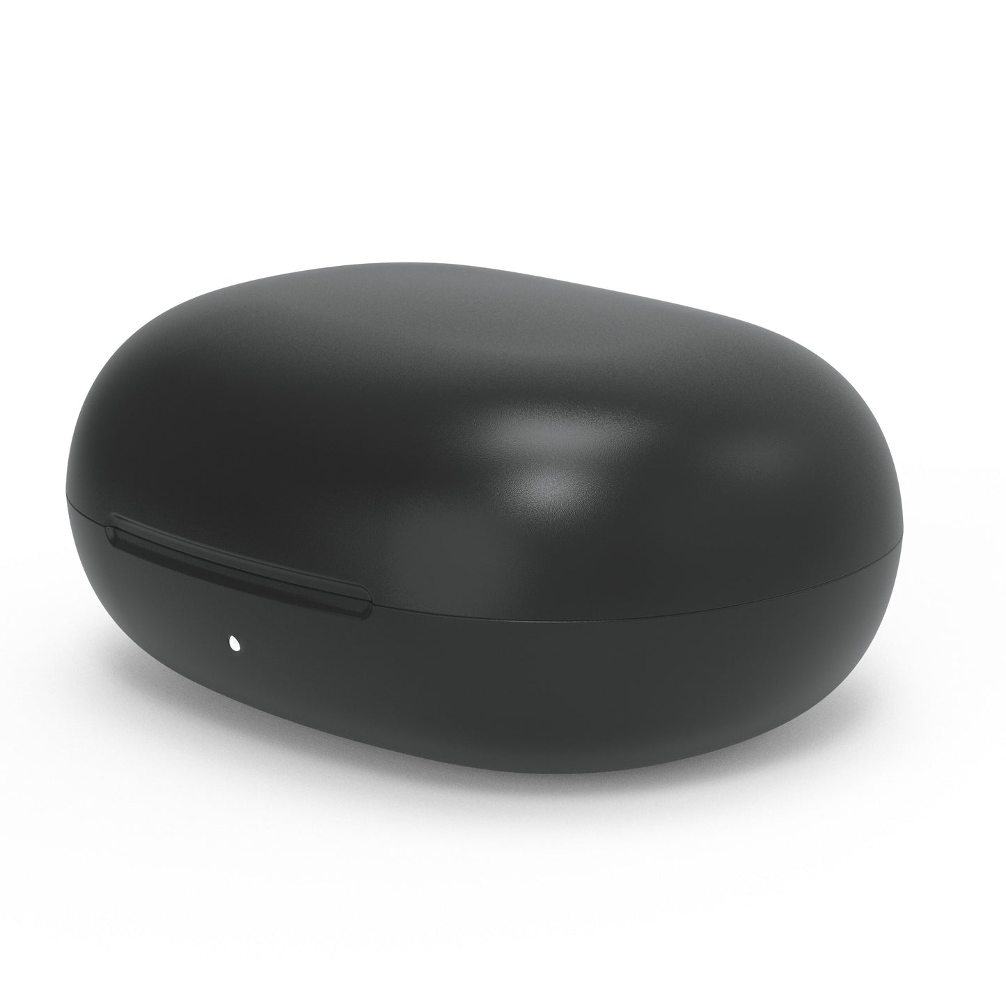 Linocell True trådløse øretelefoner sort med sort oval opladeretui og lille LED-indikator på fronten.