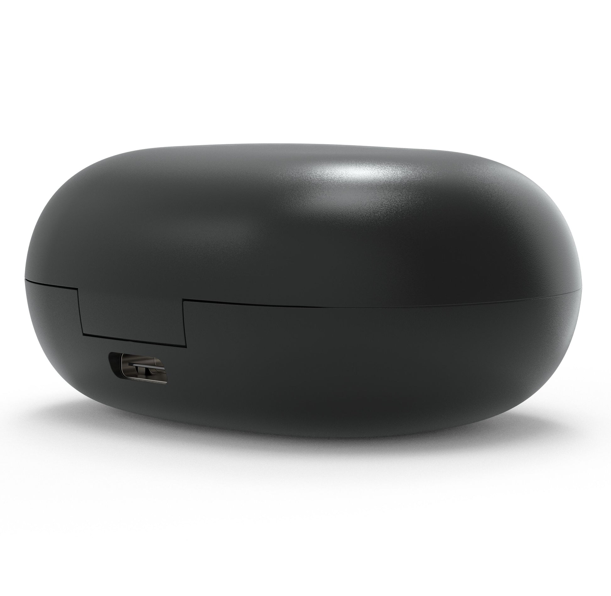 Linocell True trådløse øretelefoner opladeetui, sort, oval form, sideløbende USB-port, lukket låg.