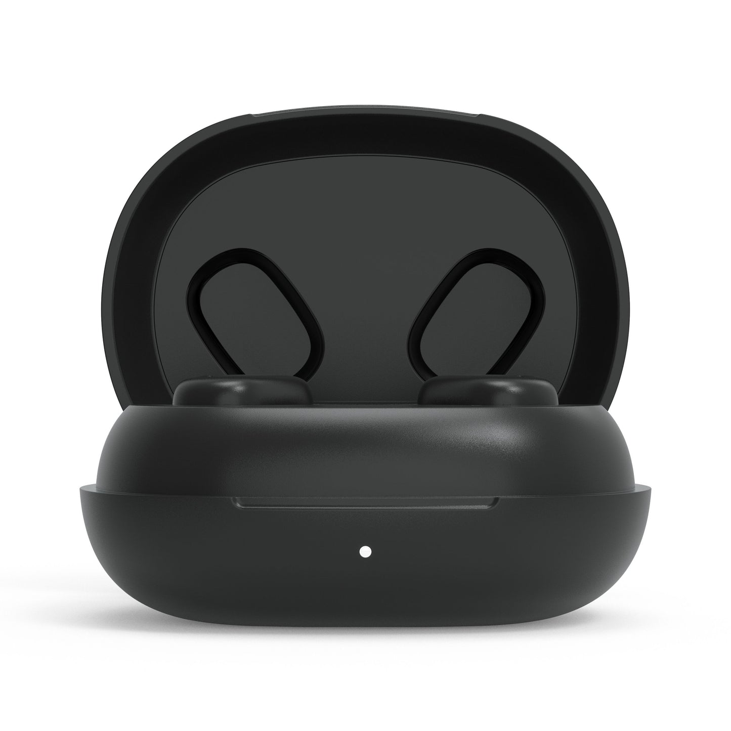 Linocell True trådløse øretelefoner sort set forfra i åbent sort opladningsetui med synlig indikatorlampe.