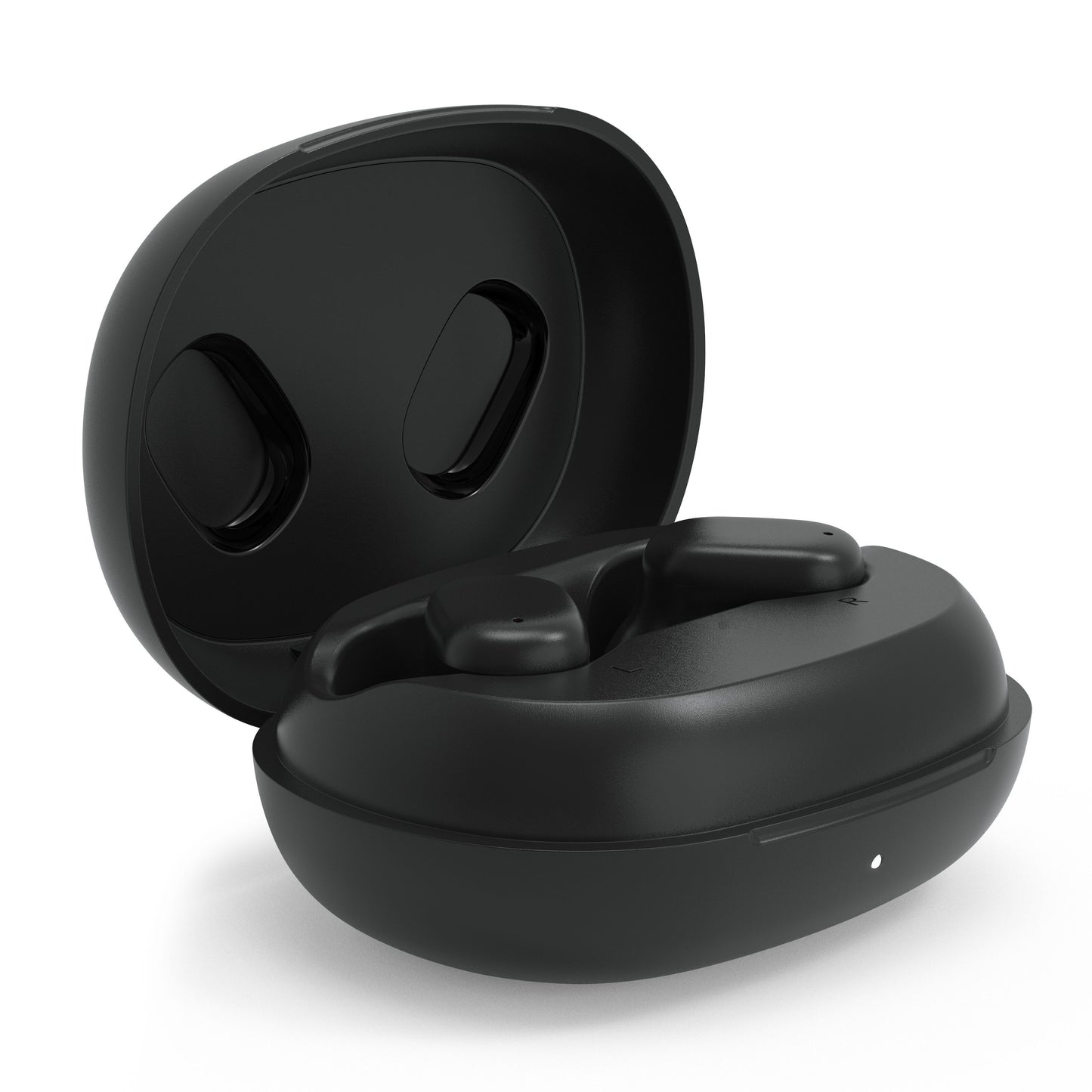 Linocell True trådløse øretelefoner sorteret i åben oval opladningsetui med frontindikator IPX4-vandtæt design.
