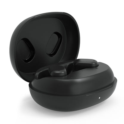 Linocell True trådløse øretelefoner sorteret i åben oval opladningsetui med frontindikator IPX4-vandtæt design.