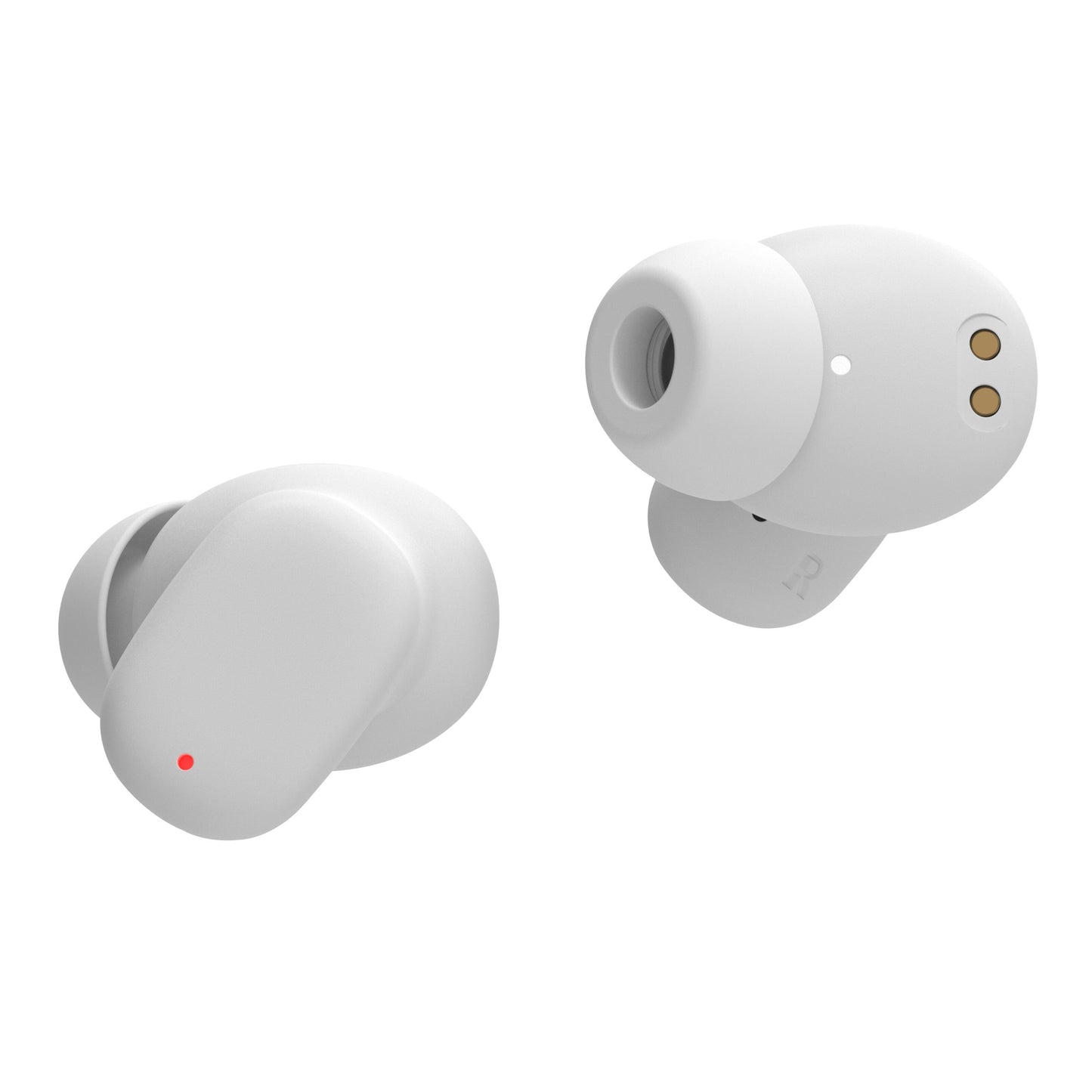 Linocell True trådløse øretelefoner hvid, synlig øretip og opladekontakter, rød indikatorlampe, IPX4, klar til etui.