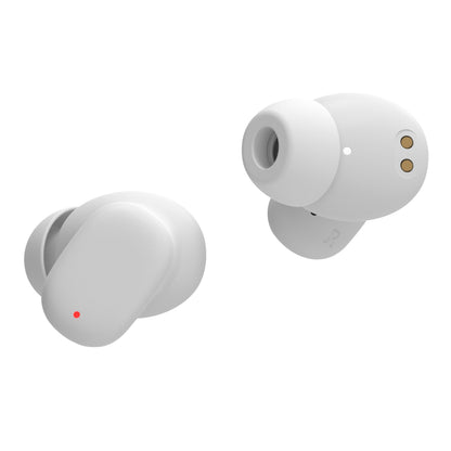 Linocell True trådløse øretelefoner hvid, synlig øretip og opladekontakter, rød indikatorlampe, IPX4, klar til etui.