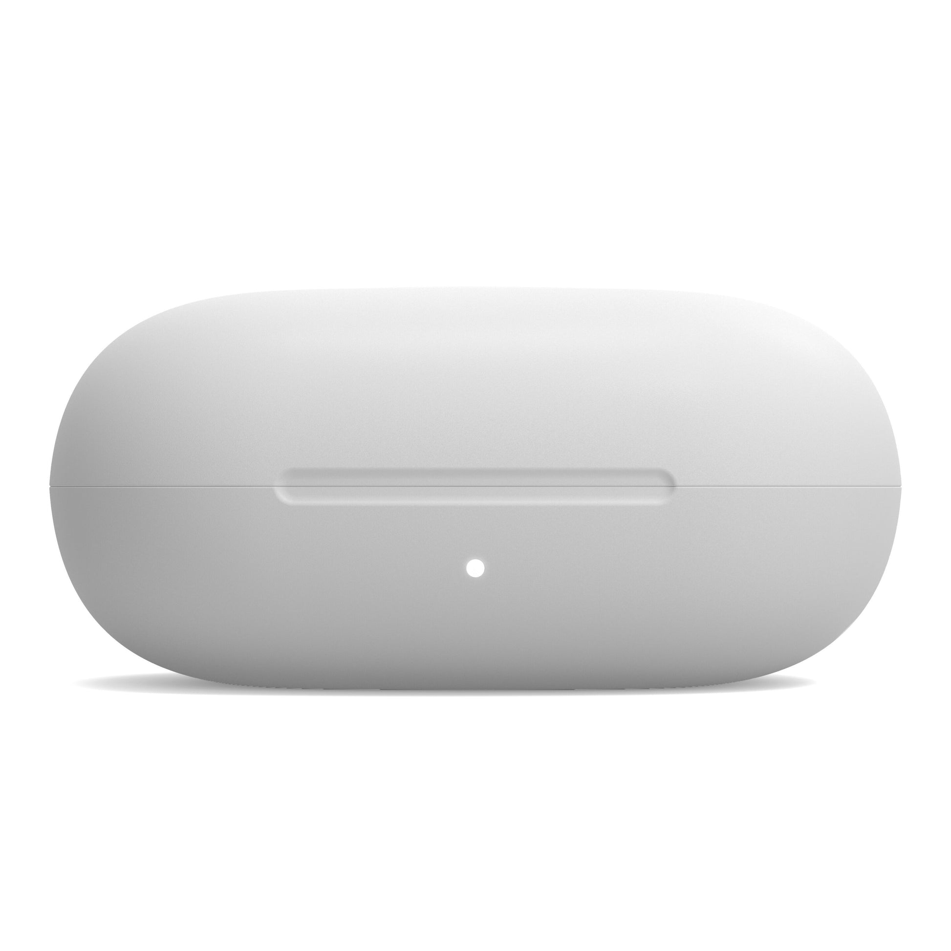 Linocell True trådløse øretelefoner hvid med ovalt hvidt etui og lille LED-indikator på fronten.