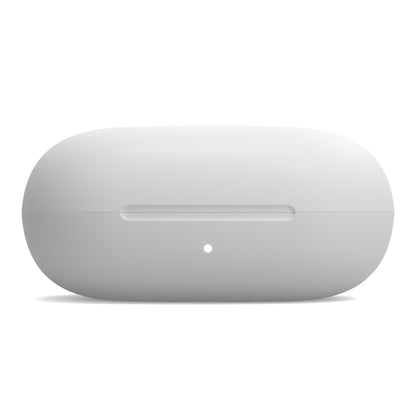 Linocell True trådløse øretelefoner hvid med ovalt hvidt etui og lille LED-indikator på fronten.