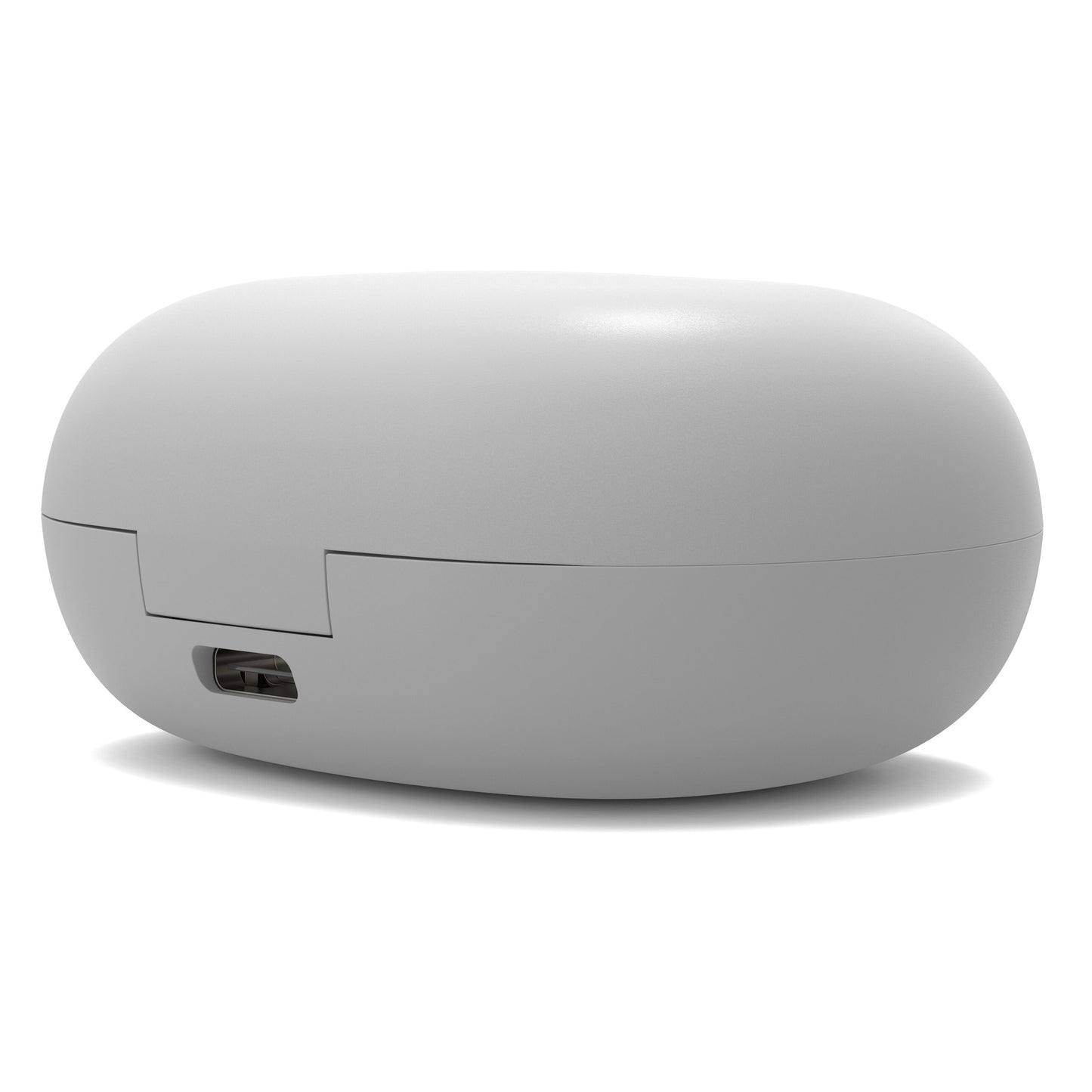 Linocell True trådløse øretelefoner Hvid opladeetui, oval, lysegrå, set bagfra med USB-C port og IPX4 vandtæthed.